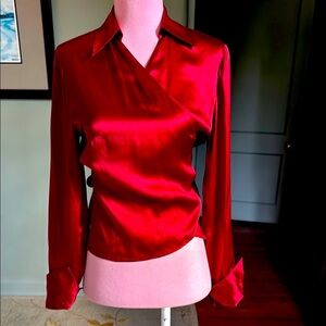 Silk wrap red blouse top shirt small 8p